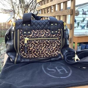 ASH Ha-mick black leather leopard moto crossbody satchel Like New